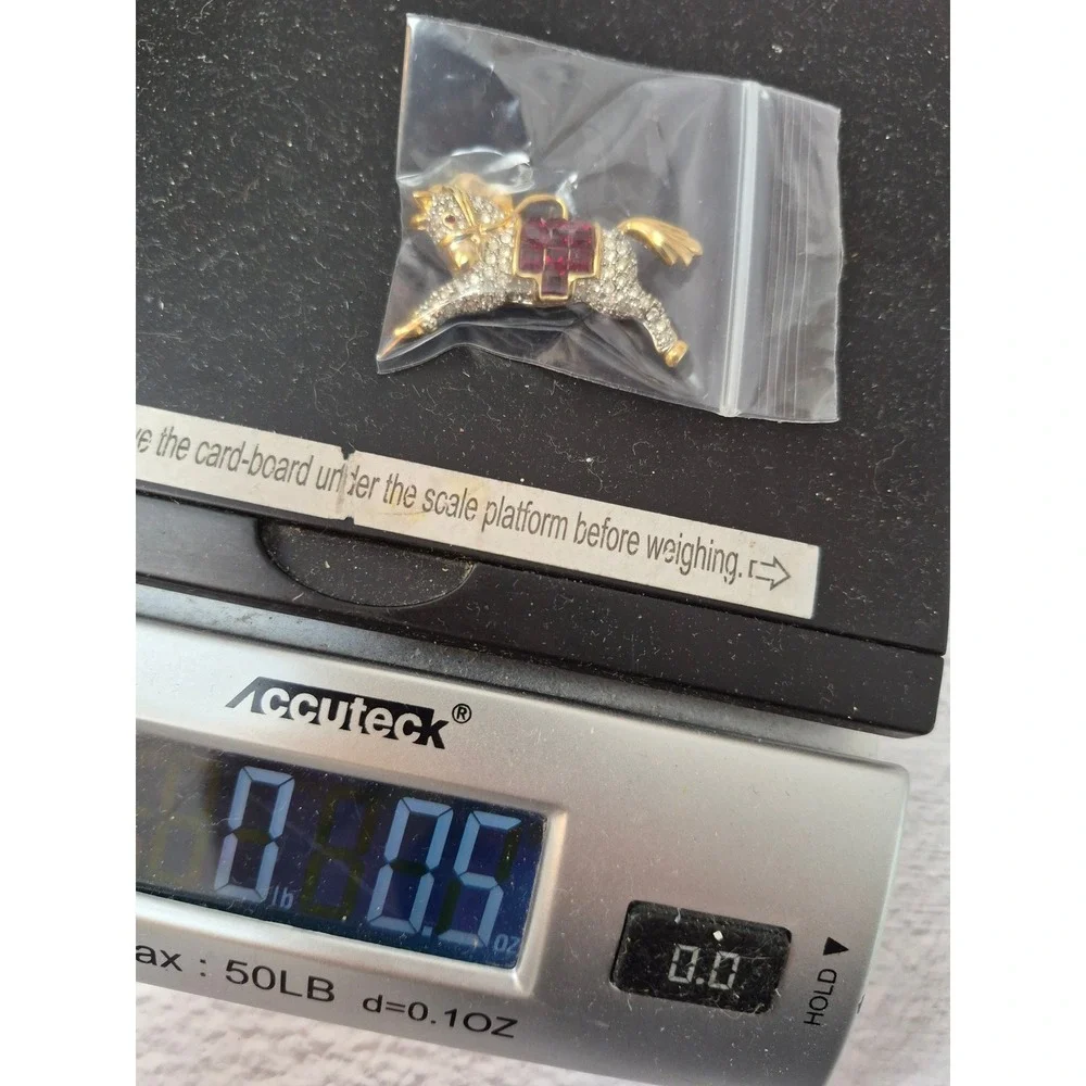 Vintage Gold Tone Rhinestone Horse Brooch Pin Ruby Red Crystal Saddle Pony
